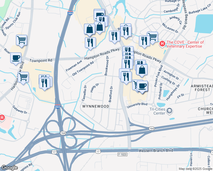 map of restaurants, bars, coffee shops, grocery stores, and more near 6043 Brookwood Drive in Suffolk