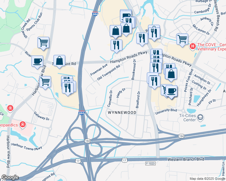 map of restaurants, bars, coffee shops, grocery stores, and more near 4632 Hardy Drive in Suffolk