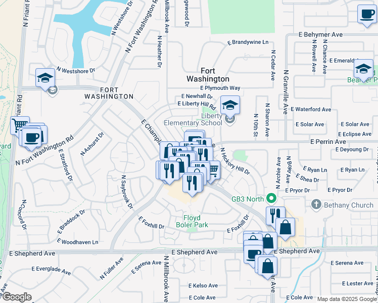 map of restaurants, bars, coffee shops, grocery stores, and more near 1010 East Perrin Avenue in Fresno