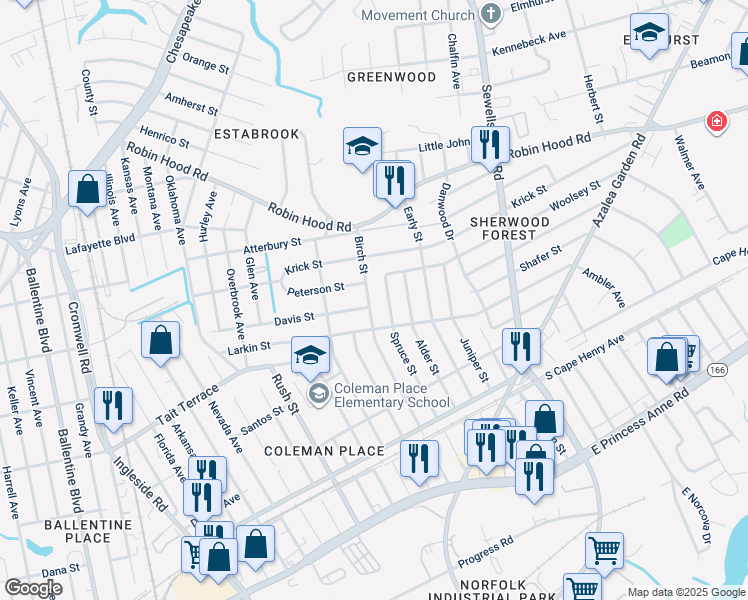 map of restaurants, bars, coffee shops, grocery stores, and more near 2716 Birch Street in Norfolk