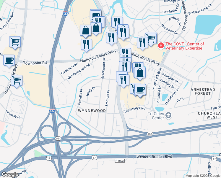 map of restaurants, bars, coffee shops, grocery stores, and more near 4100 Colbourn Drive in Suffolk