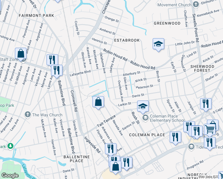 map of restaurants, bars, coffee shops, grocery stores, and more near 3707 Peterson Street in Norfolk