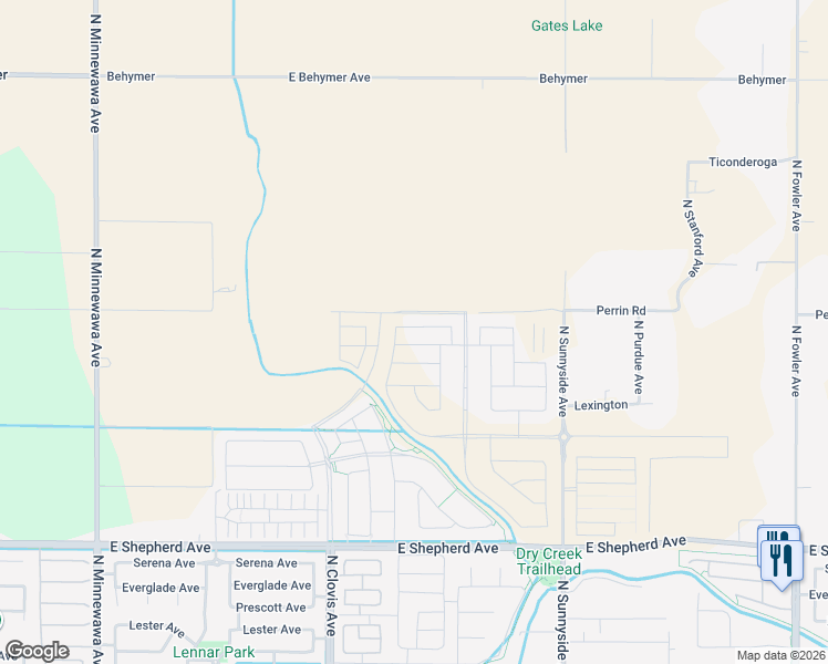 map of restaurants, bars, coffee shops, grocery stores, and more near 9485 North Sunnyside Avenue in Clovis