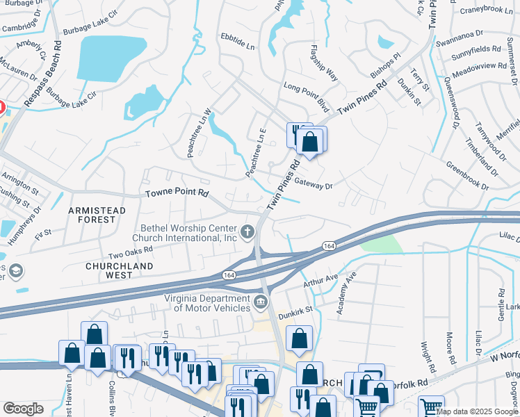 map of restaurants, bars, coffee shops, grocery stores, and more near 3800 Twin Pines Road in Portsmouth