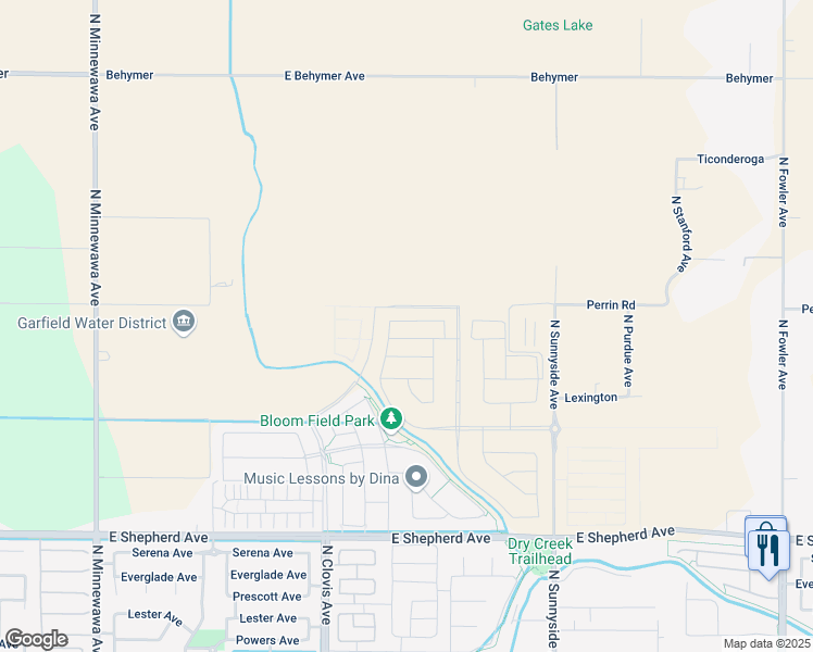 map of restaurants, bars, coffee shops, grocery stores, and more near 1039 Plum Tree Avenue in Clovis