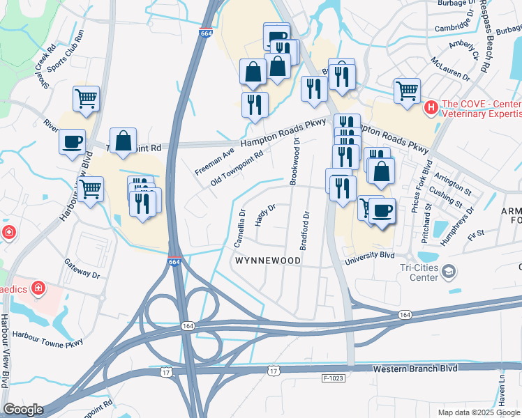 map of restaurants, bars, coffee shops, grocery stores, and more near 4628 Hardy Drive in Suffolk