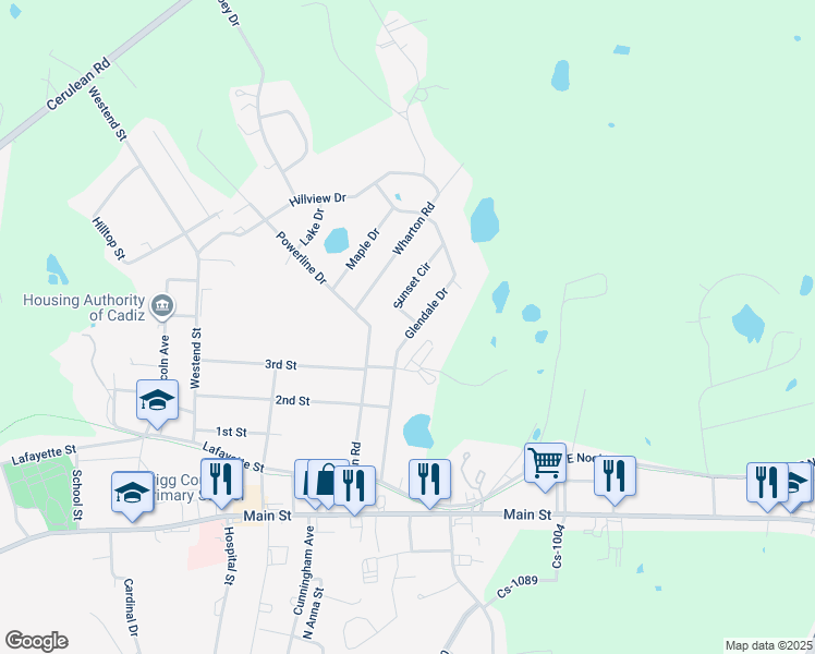 map of restaurants, bars, coffee shops, grocery stores, and more near 119 Sunset Circle in Cadiz