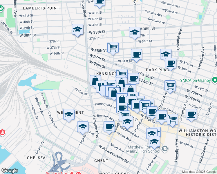 map of restaurants, bars, coffee shops, grocery stores, and more near 918 West 23rd Street in Norfolk
