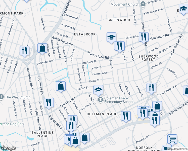 map of restaurants, bars, coffee shops, grocery stores, and more near 3841 Peterson Street in Norfolk