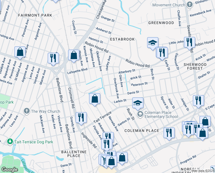 map of restaurants, bars, coffee shops, grocery stores, and more near 3707 Peterson Street in Norfolk