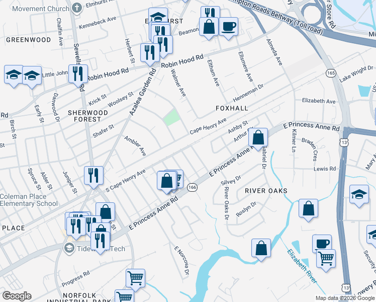 map of restaurants, bars, coffee shops, grocery stores, and more near 1548 Nelms Avenue in Norfolk