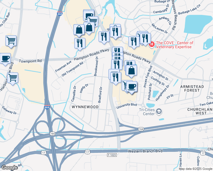 map of restaurants, bars, coffee shops, grocery stores, and more near 6053 Old College Drive in Suffolk