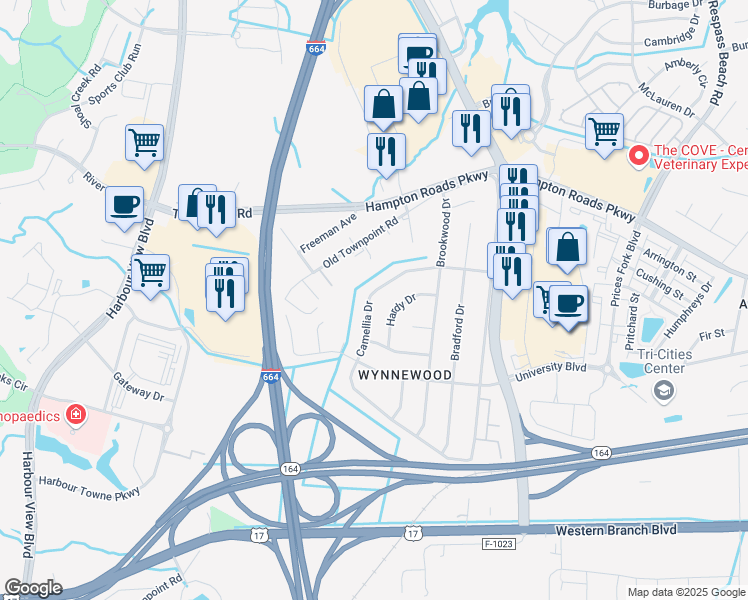 map of restaurants, bars, coffee shops, grocery stores, and more near 6036 Camellia Drive in Suffolk