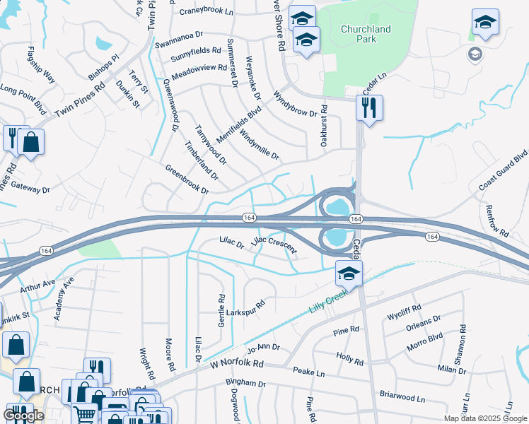 map of restaurants, bars, coffee shops, grocery stores, and more near 5201 Crabtree Place in Portsmouth