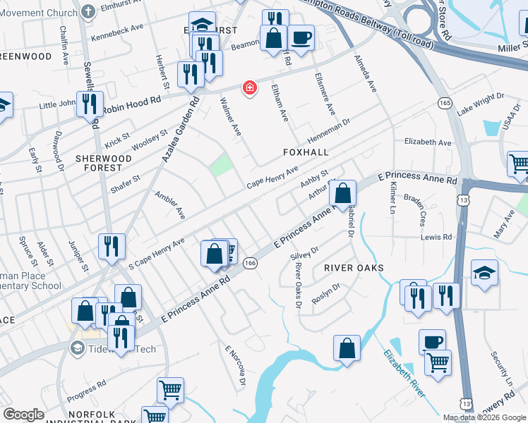 map of restaurants, bars, coffee shops, grocery stores, and more near 1525 Wolfe Street in Norfolk