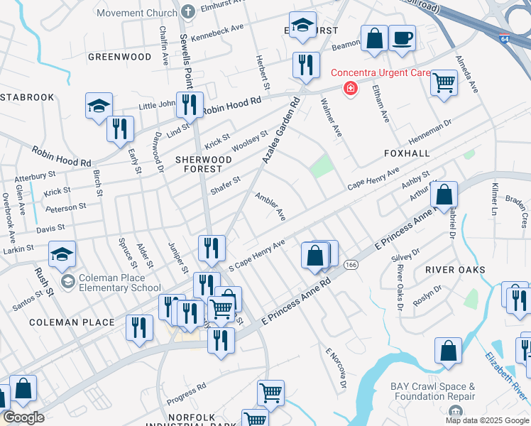 map of restaurants, bars, coffee shops, grocery stores, and more near 2425 Ambler Avenue in Norfolk