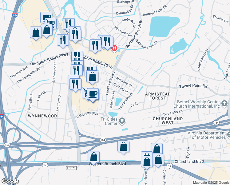 map of restaurants, bars, coffee shops, grocery stores, and more near 4158 Pritchard Street in Suffolk