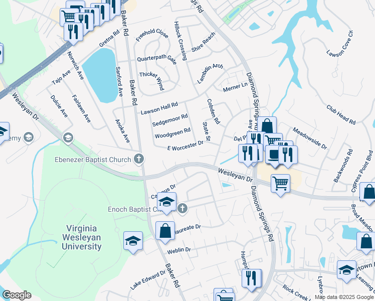 map of restaurants, bars, coffee shops, grocery stores, and more near 1008 Radford Court in Virginia Beach