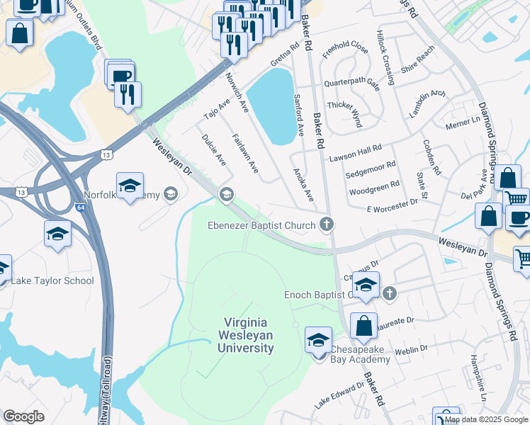 map of restaurants, bars, coffee shops, grocery stores, and more near in Virginia Beach