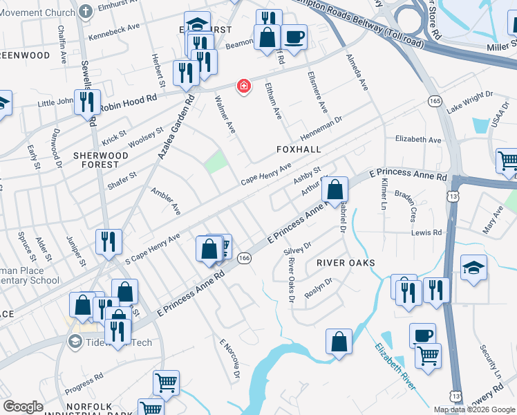 map of restaurants, bars, coffee shops, grocery stores, and more near 1525 Wolfe Street in Norfolk