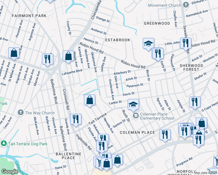 map of restaurants, bars, coffee shops, grocery stores, and more near 2718 Hurley Avenue in Norfolk