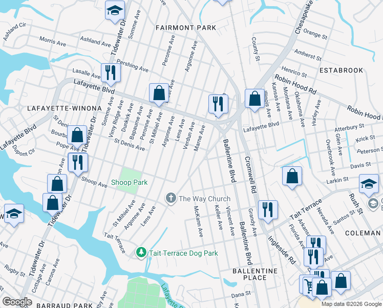 map of restaurants, bars, coffee shops, grocery stores, and more near 2918 Marne Avenue in Norfolk