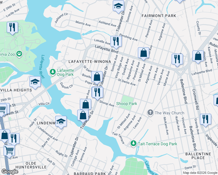 map of restaurants, bars, coffee shops, grocery stores, and more near 2839 Somme Avenue in Norfolk