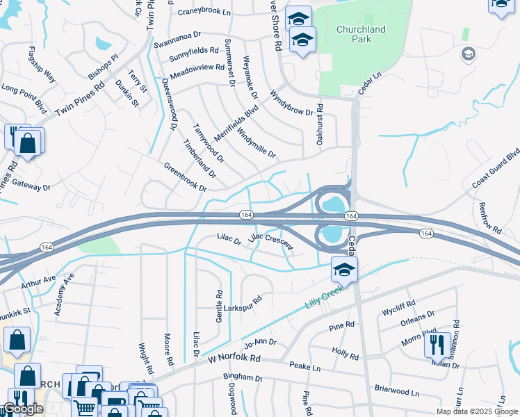 map of restaurants, bars, coffee shops, grocery stores, and more near 5221 Crabtree Place in Portsmouth