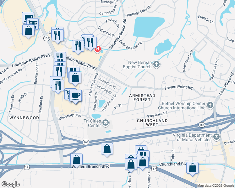 map of restaurants, bars, coffee shops, grocery stores, and more near 2282 Humphreys Drive in Suffolk