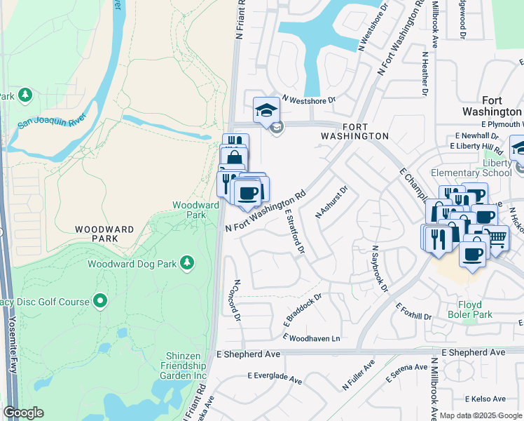 map of restaurants, bars, coffee shops, grocery stores, and more near 9497 N Fort Washington Rd in Fresno