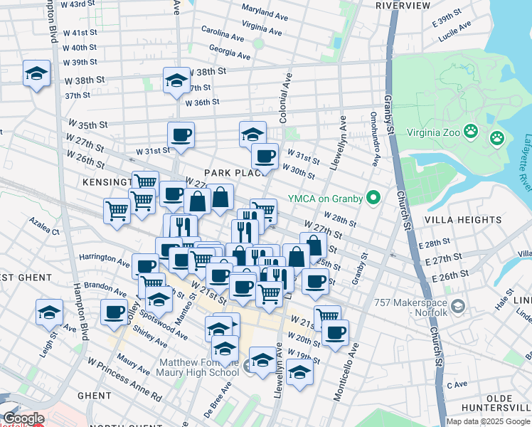 map of restaurants, bars, coffee shops, grocery stores, and more near 431 West 27th Street in Norfolk