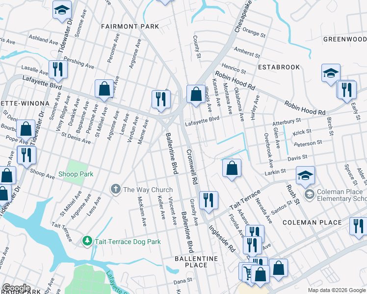 map of restaurants, bars, coffee shops, grocery stores, and more near 2846 Ballentine Boulevard in Norfolk