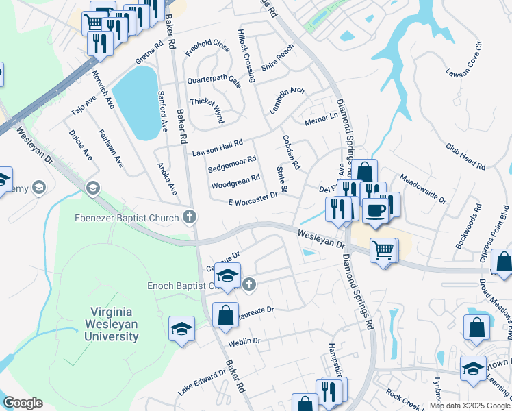 map of restaurants, bars, coffee shops, grocery stores, and more near 1008 Radford Court in Virginia Beach