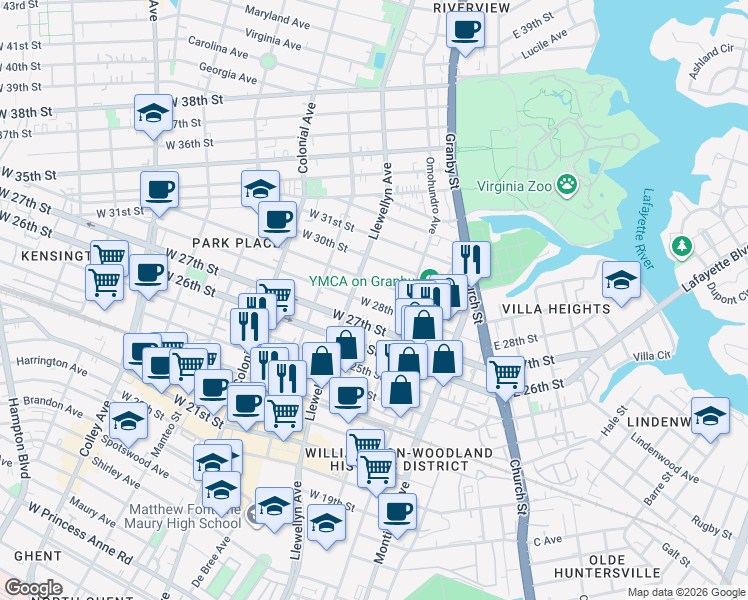 map of restaurants, bars, coffee shops, grocery stores, and more near 223 West 28th Street in Norfolk