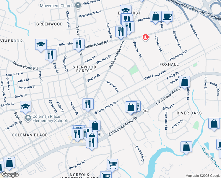 map of restaurants, bars, coffee shops, grocery stores, and more near 2425 Ambler Avenue in Norfolk
