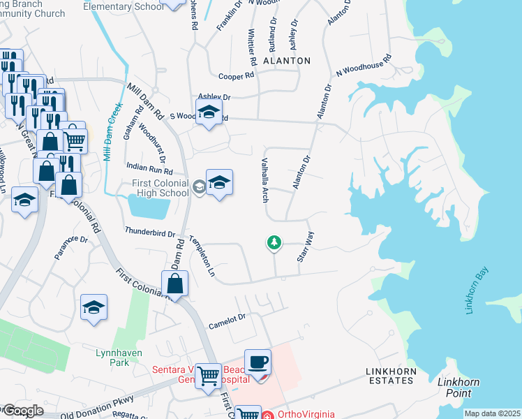 map of restaurants, bars, coffee shops, grocery stores, and more near 1772 Valhalla Arch in Virginia Beach