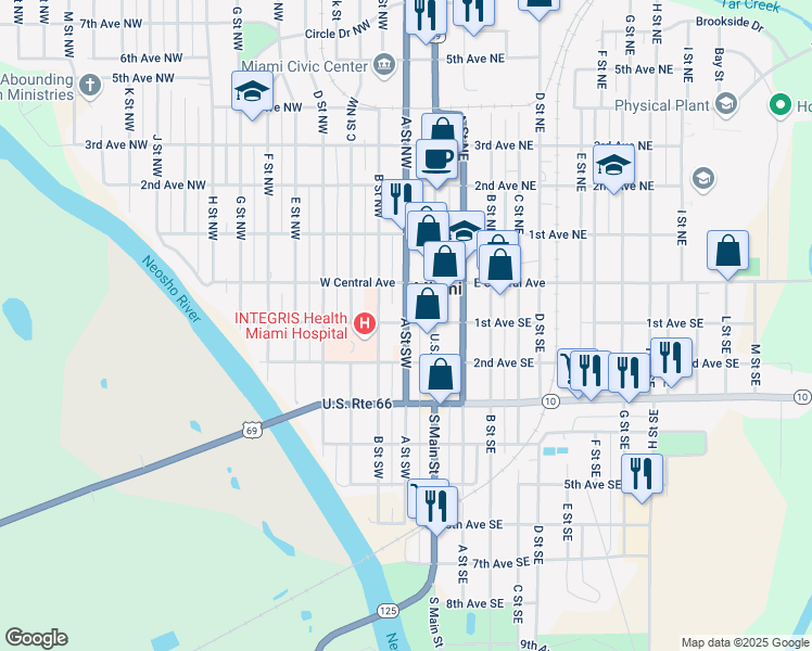 map of restaurants, bars, coffee shops, grocery stores, and more near 106 A Street Southwest in Miami