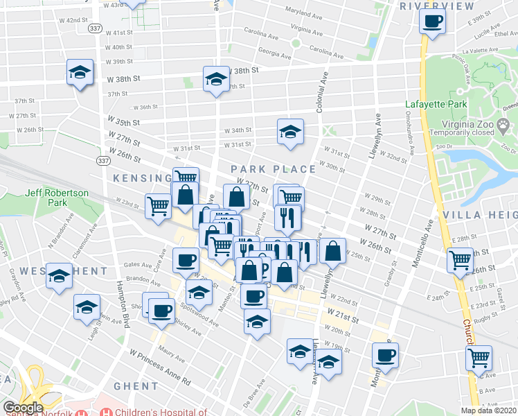 map of restaurants, bars, coffee shops, grocery stores, and more near 607 West 26th Street in Norfolk