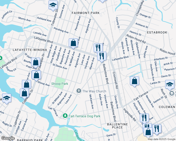 map of restaurants, bars, coffee shops, grocery stores, and more near 2922 Marne Avenue in Norfolk