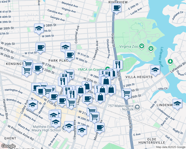 map of restaurants, bars, coffee shops, grocery stores, and more near 230 West 28th Street in Norfolk