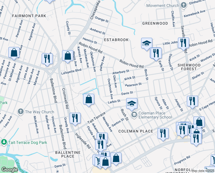 map of restaurants, bars, coffee shops, grocery stores, and more near 2718 Hurley Avenue in Norfolk