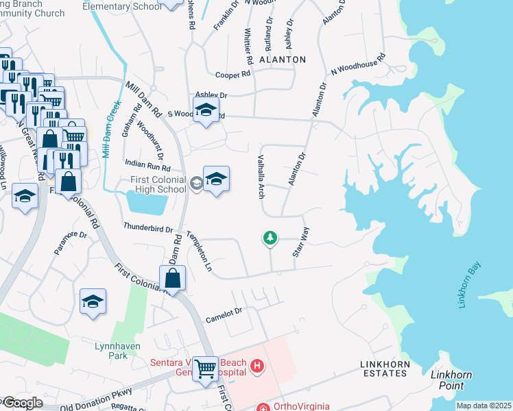 map of restaurants, bars, coffee shops, grocery stores, and more near 1772 Valhalla Arch in Virginia Beach