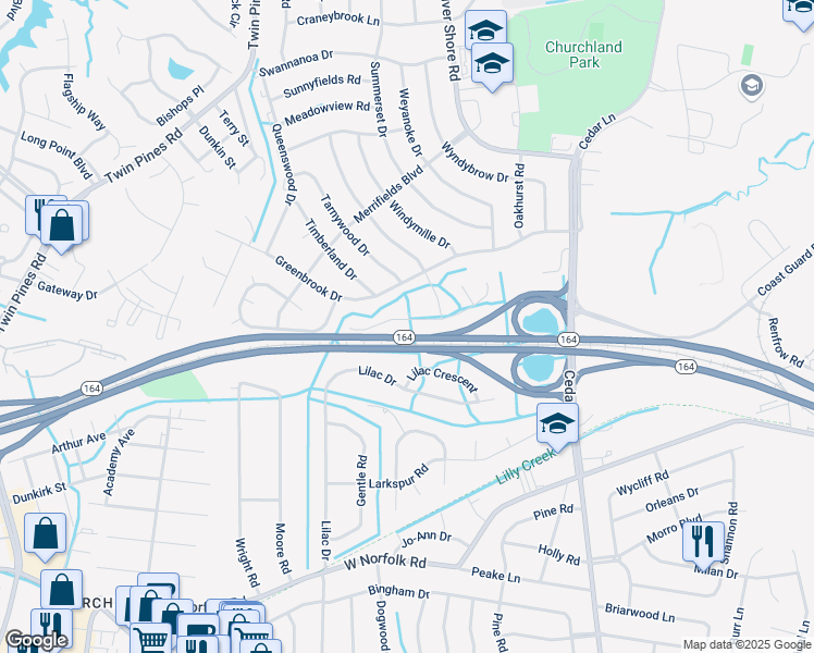 map of restaurants, bars, coffee shops, grocery stores, and more near 5221 Crabtree Place in Portsmouth