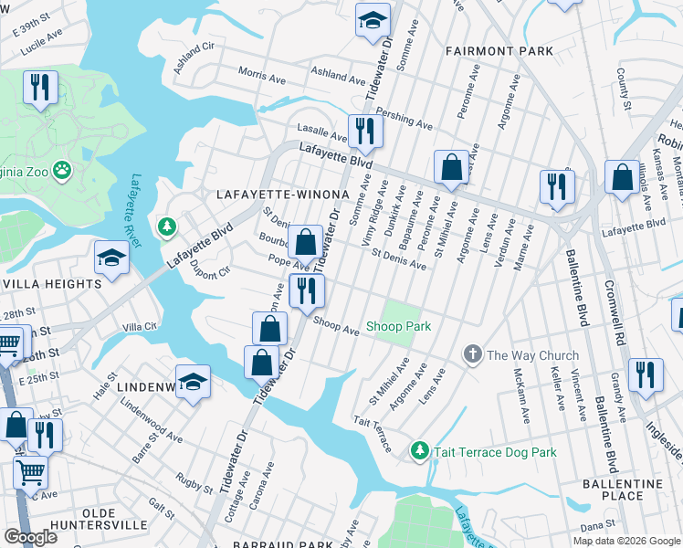 map of restaurants, bars, coffee shops, grocery stores, and more near 2839 Somme Avenue in Norfolk