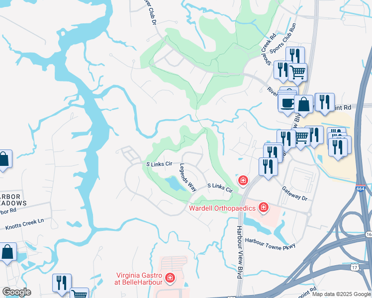 map of restaurants, bars, coffee shops, grocery stores, and more near 5109 Muirifield Loop in Suffolk