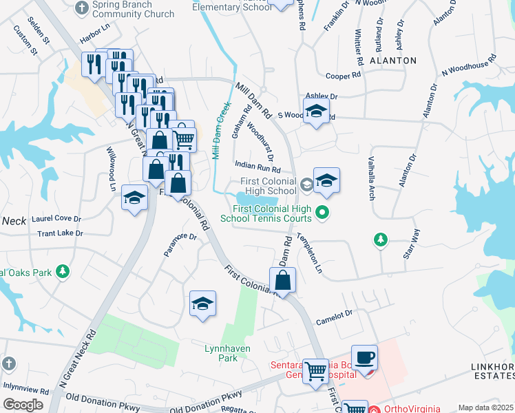 map of restaurants, bars, coffee shops, grocery stores, and more near 1924 Thunderbird Drive in Virginia Beach