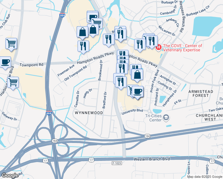 map of restaurants, bars, coffee shops, grocery stores, and more near 6053 Old College Drive in Suffolk