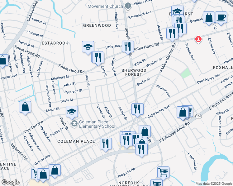 map of restaurants, bars, coffee shops, grocery stores, and more near 2712 Juniper Street in Norfolk