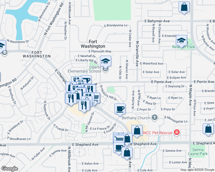 map of restaurants, bars, coffee shops, grocery stores, and more near 1300 East Valley Forge Drive in Fresno