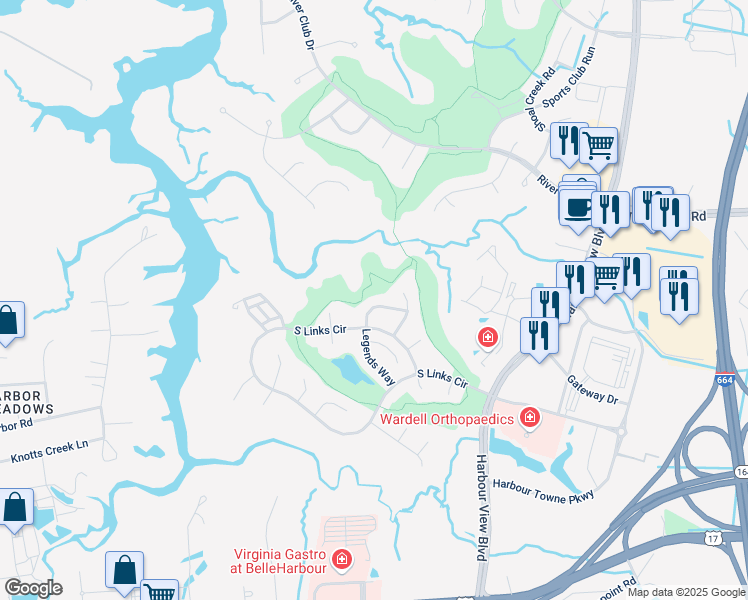 map of restaurants, bars, coffee shops, grocery stores, and more near 5109 Muirifield Loop in Suffolk